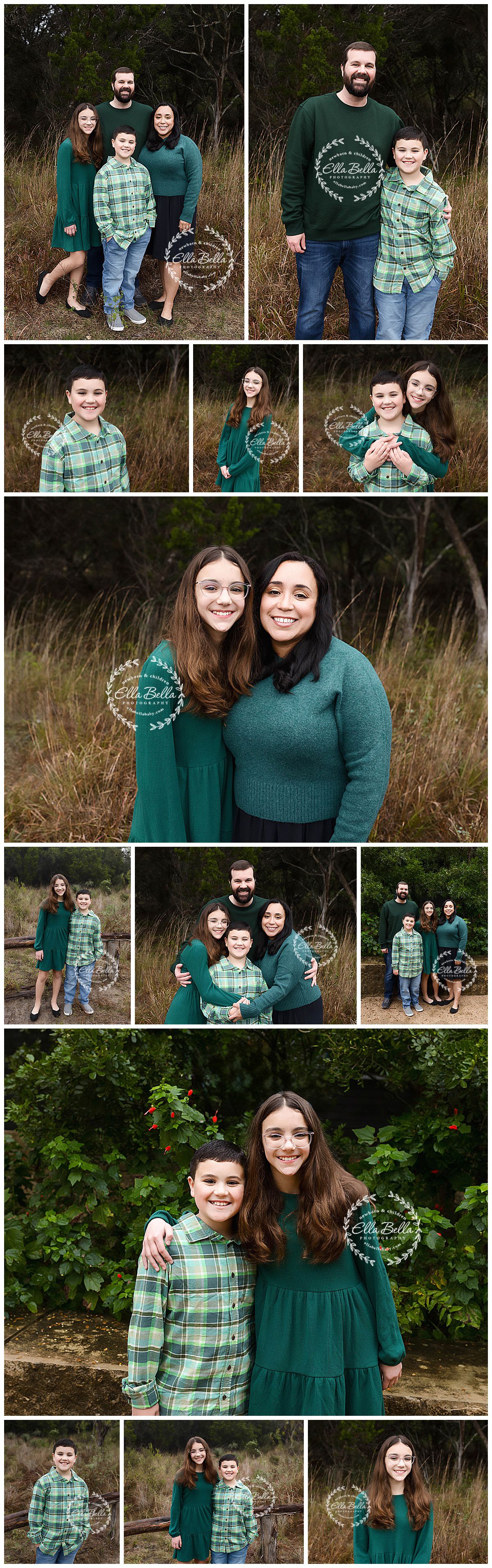 Family photoshoot featuring coordinated green outfits in natural outdoor setting.