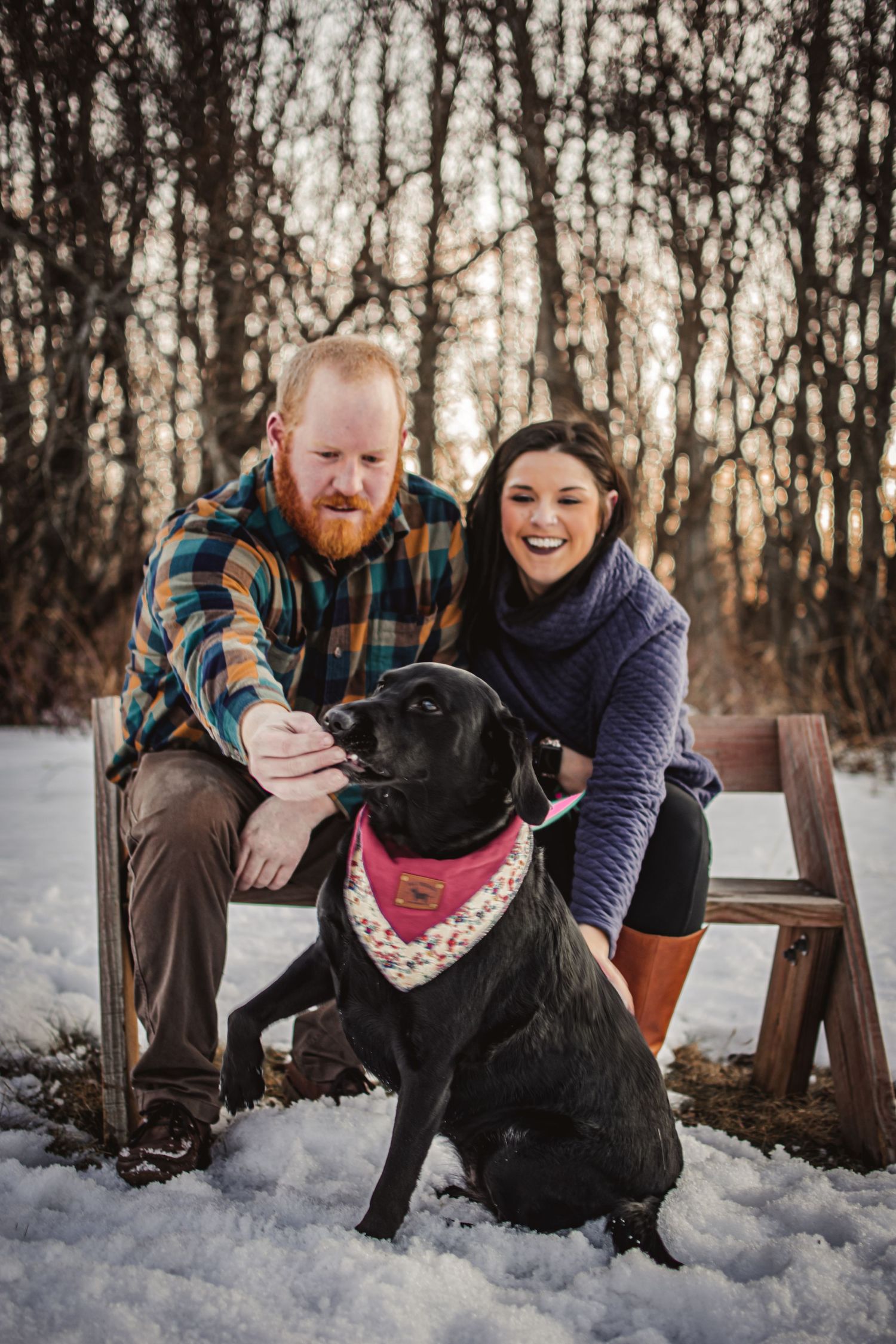 Winter portrait of a couple with their black lab wearing a red bandana in the snow.