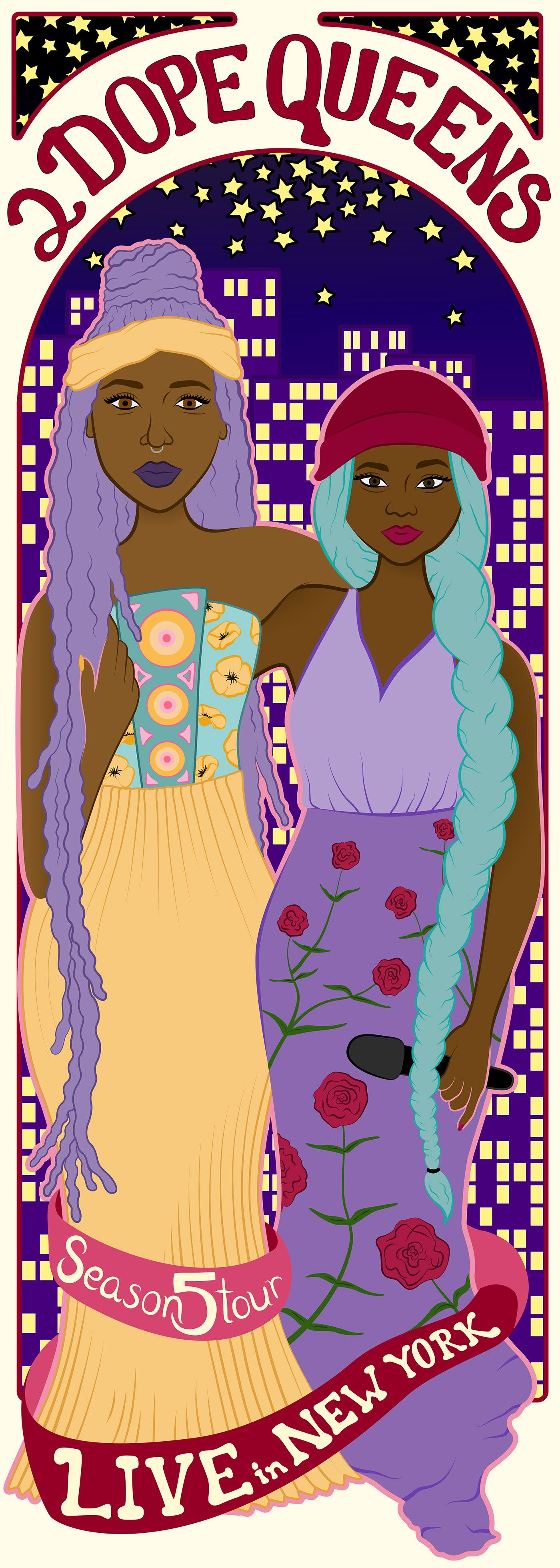 Colorful illustrated poster for 'Dope Queens' Season 4 Live in New York featuring stylized artwork.