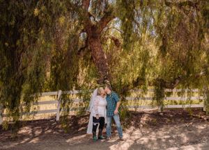 Couple sharing an intimate moment beneath a weeping willow tree on a sunny day.