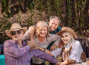 Fun candid shots of people in western wear enjoying themselves during a photo session.