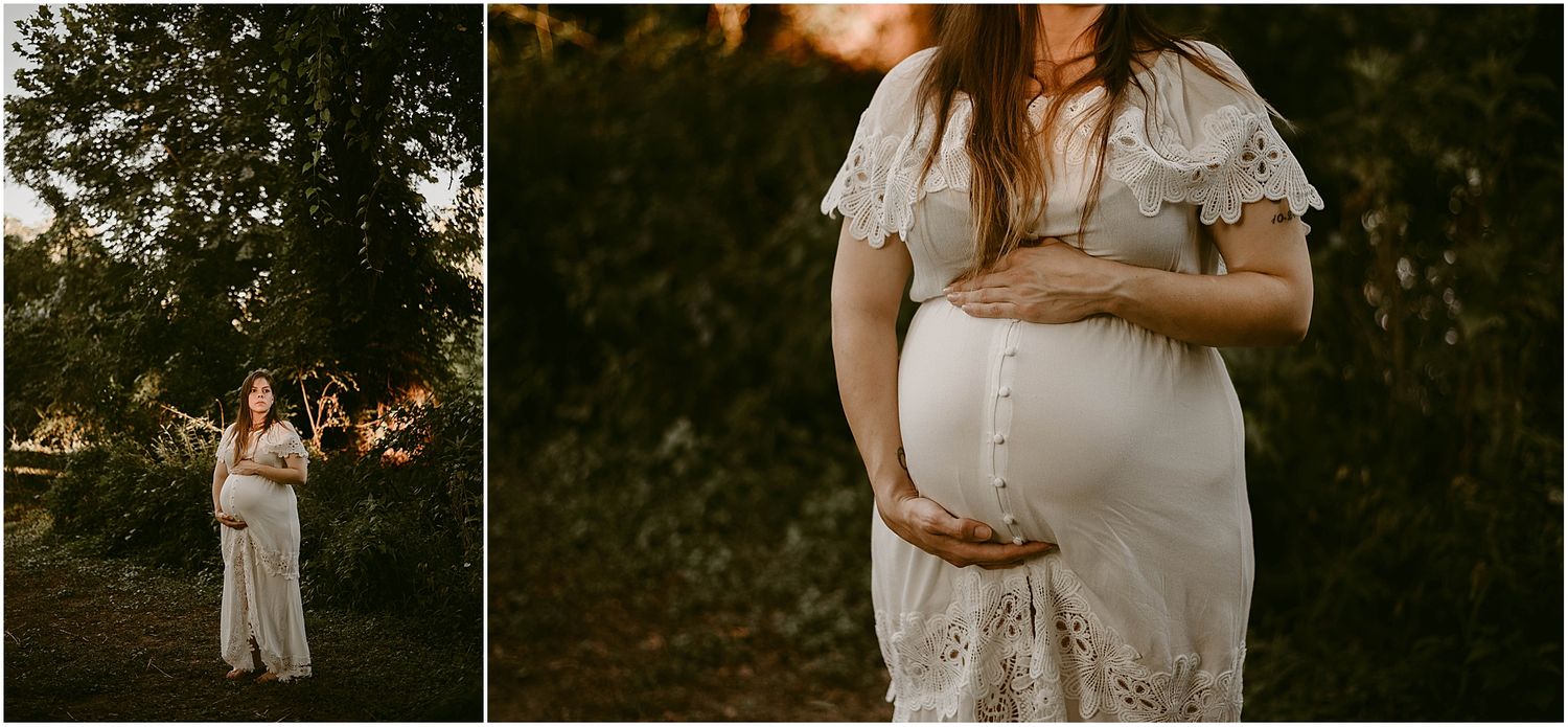 Side-by-side maternity portraits showcasing a white lace dress in golden evening light.