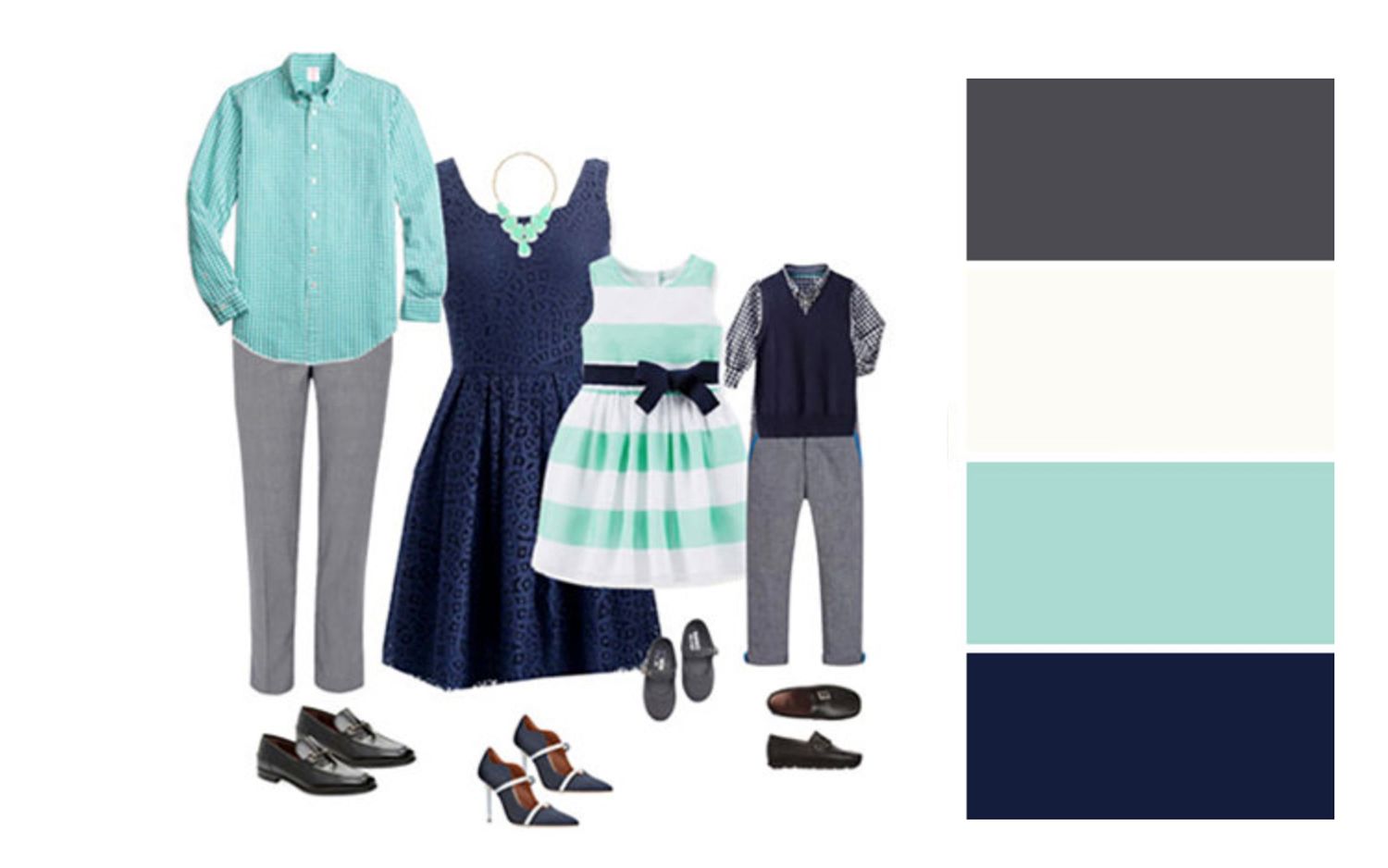 Coordinated family photo outfits in mint, navy and grey tones with casual and dressy pieces.