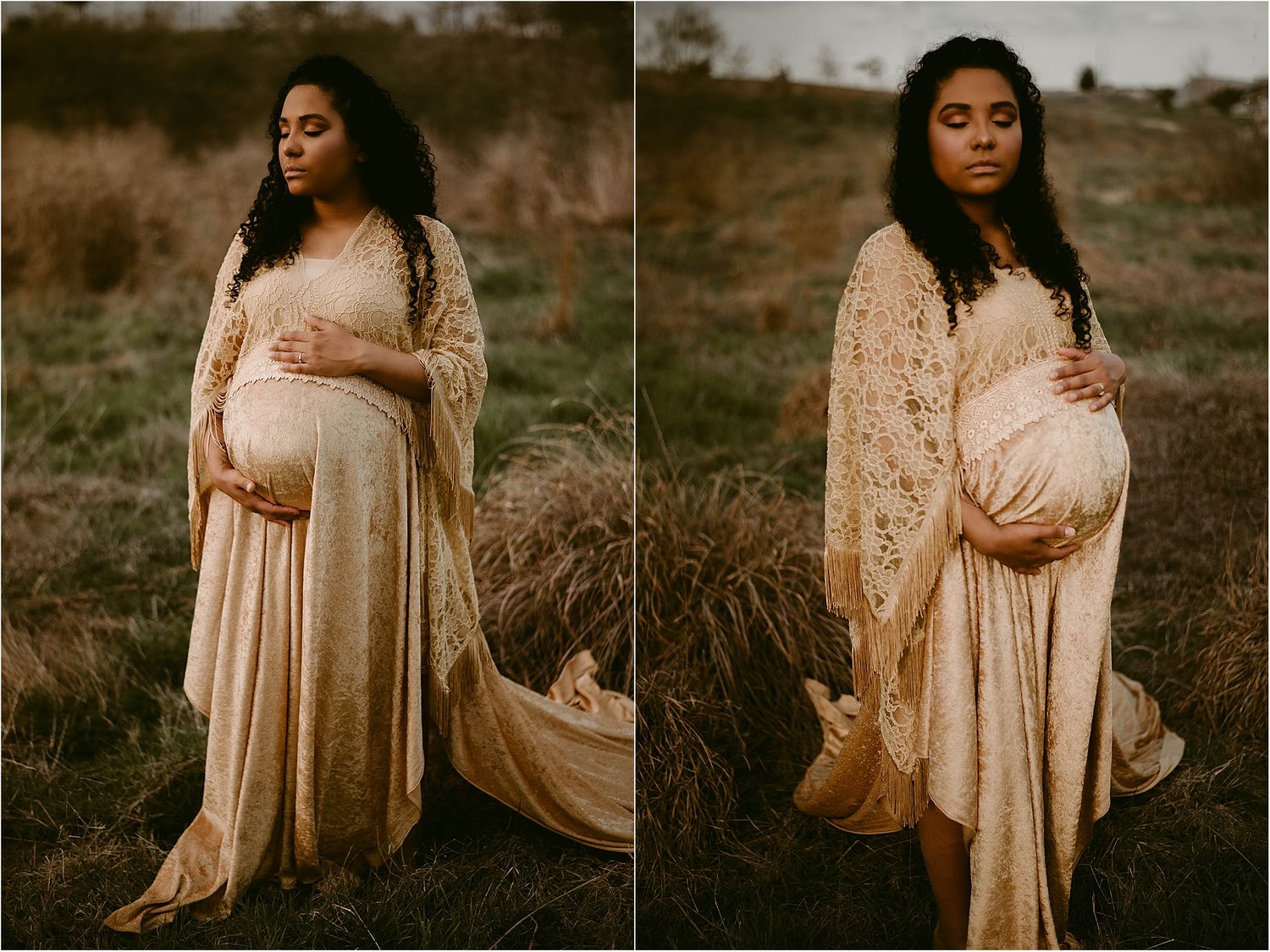 A maternity photoshoot showing a flowing cream lace dress and shawl in a rustic outdoor setting.