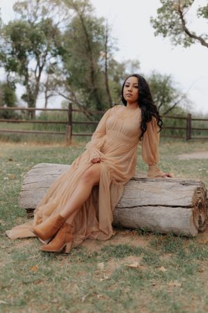 A peachy dress drapes elegantly over a rustic wooden log in an outdoor setting.