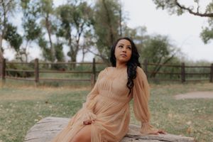 A feminine figure in a flowing peach gown poses gracefully on a fallen log.