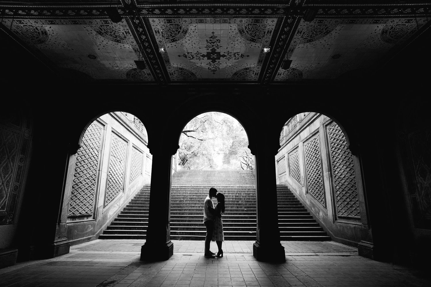 bride and groom Central Park engagement session summer ny Bethesda terrace fountain black and white chrome