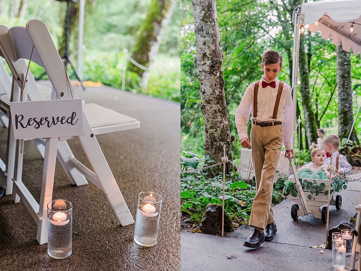 Ceremony reserved sign and wedding wagon with children