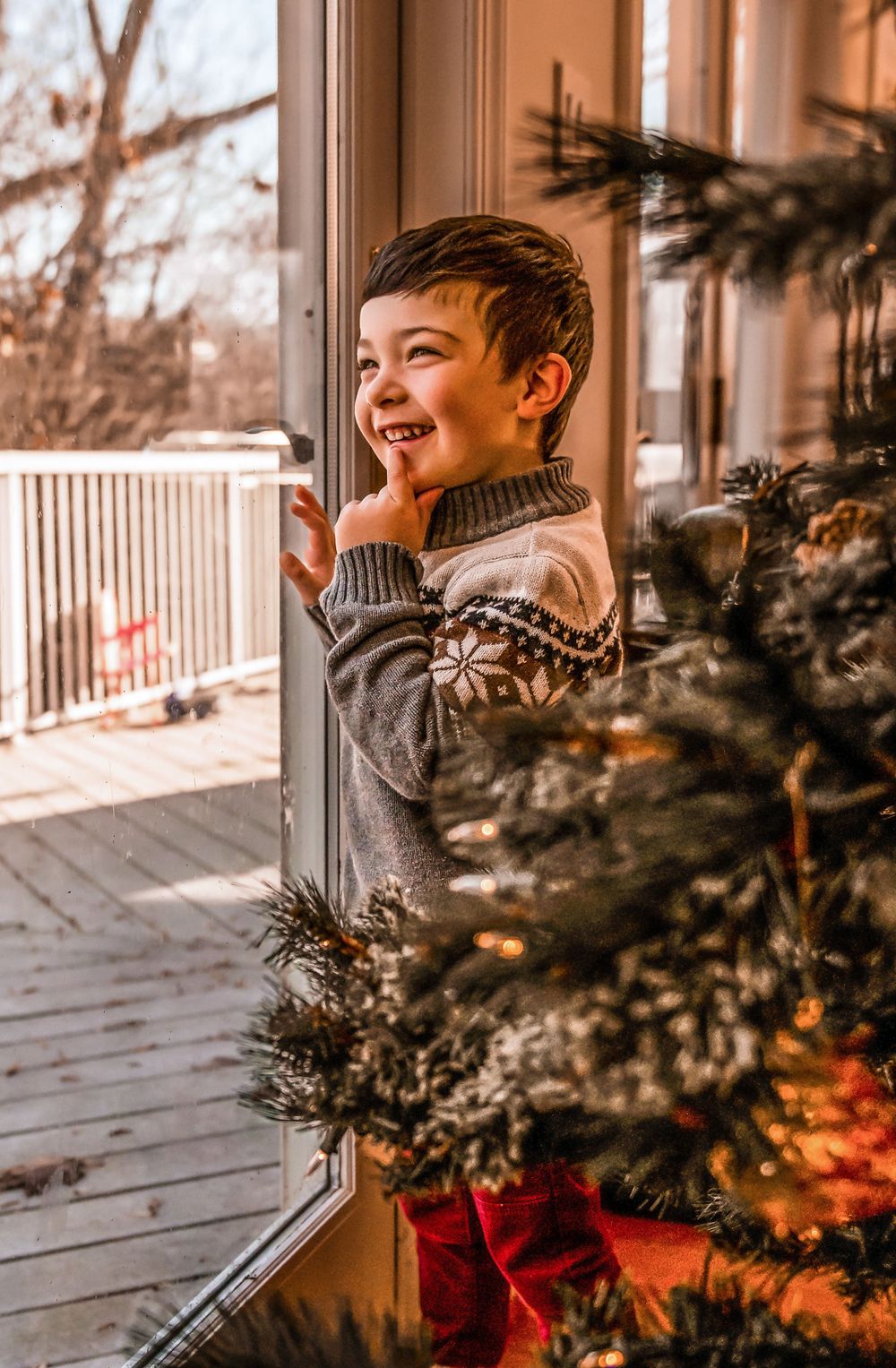 Joyful winter portrait by window with Christmas tree and deck view.