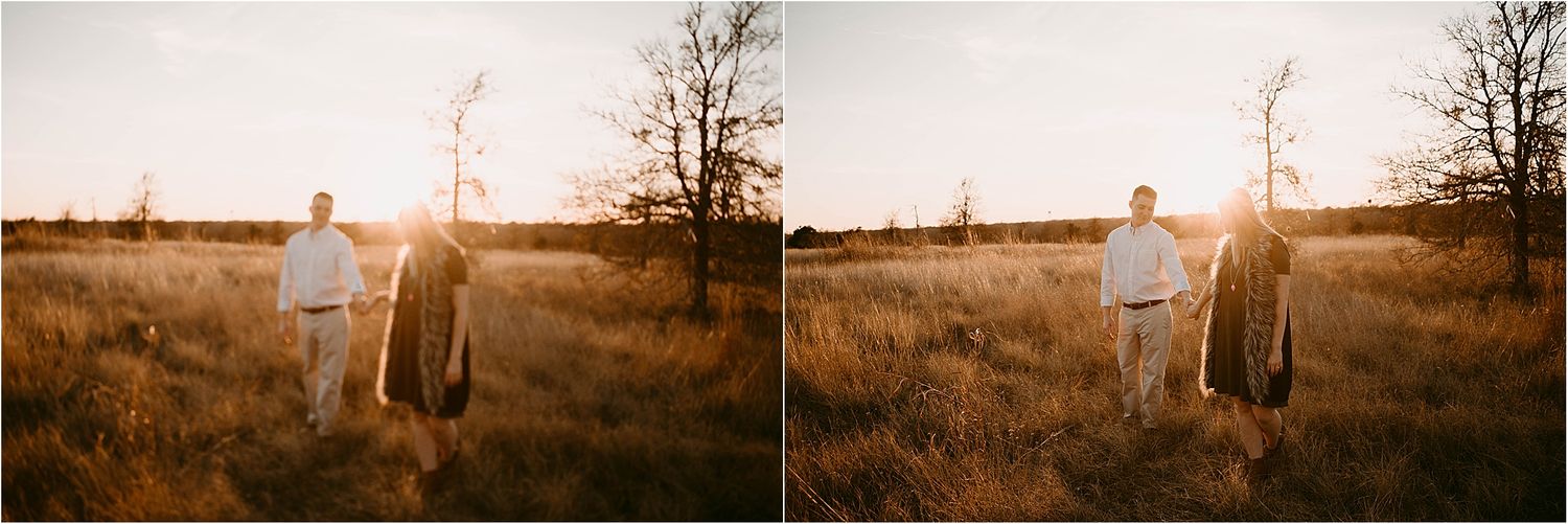 Dual photos showing a couple standing together in a sun-drenched field at dusk.