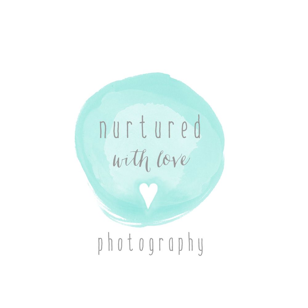 A mint green watercolor logo design for 'Nurtured with Love Photography' with a small heart.