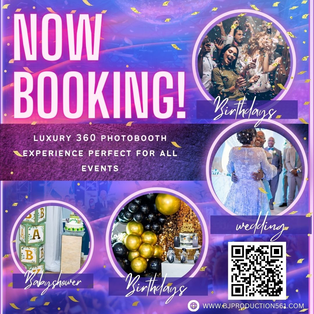 Marketing image for luxury 360 photobooth bookings featuring event photos and gold decorations.