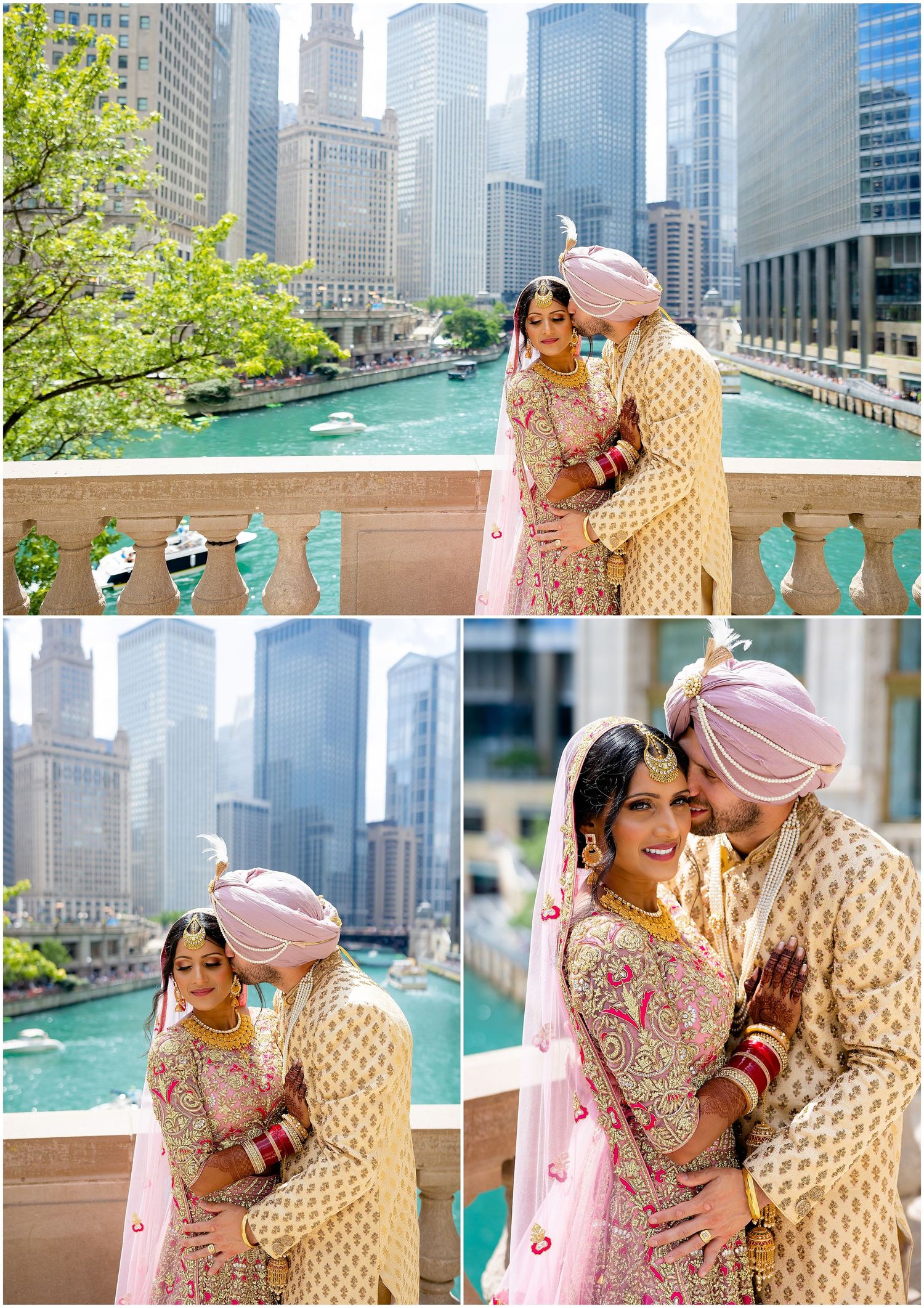 Romantic wedding photoshoot along Chicago Riverwalk with iconic downtown skyline in background.