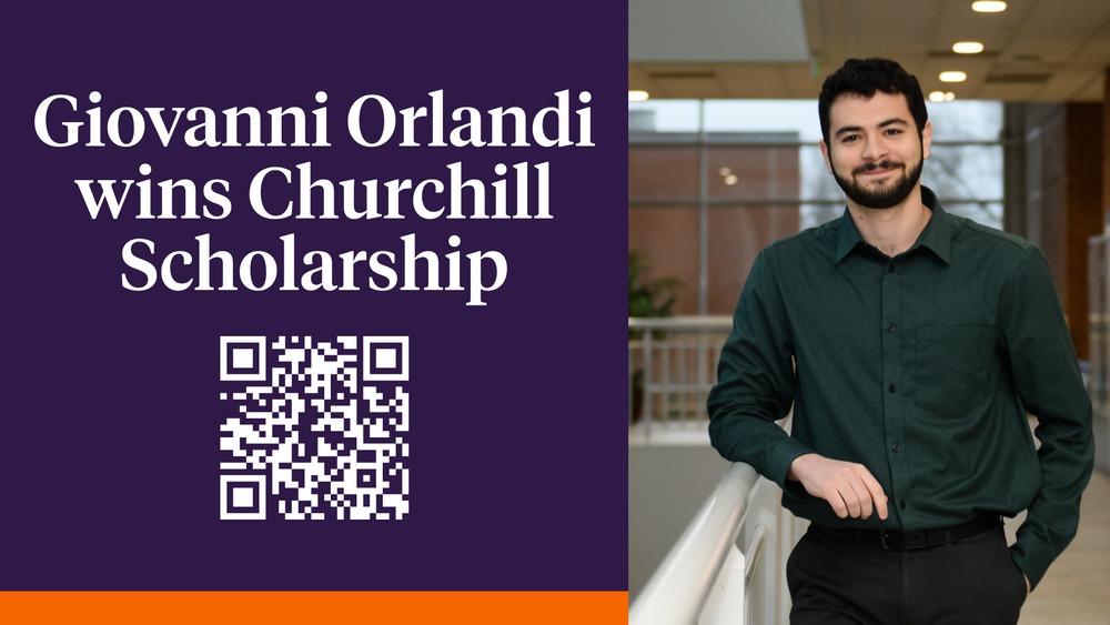Promotional image announcing Churchill Scholarship winner with QR code on orange and purple background.