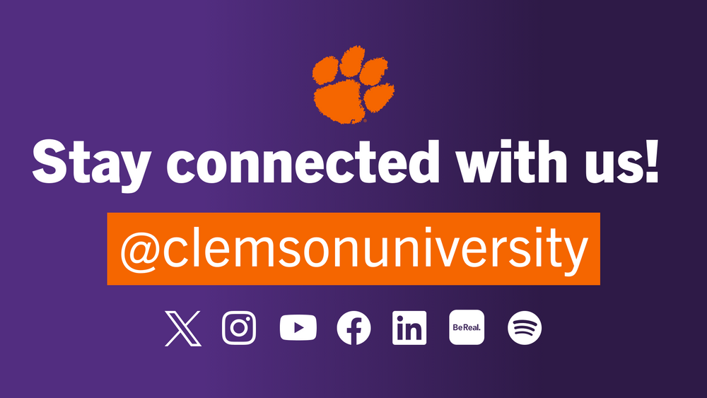 Purple banner displaying Clemson University social media handles with orange paw logo.