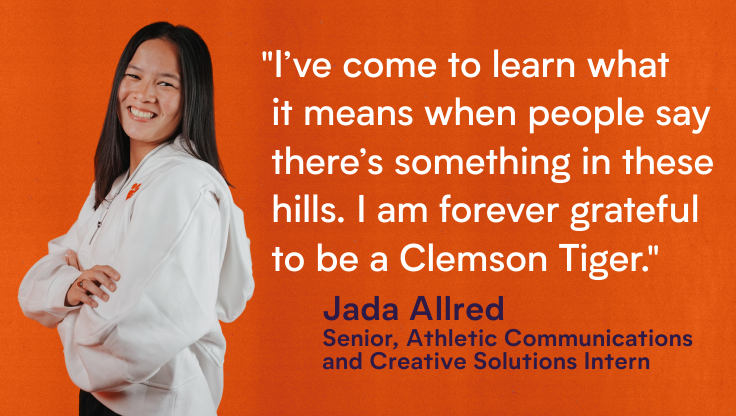Promotional quote design featuring student testimonial about Clemson University experience.