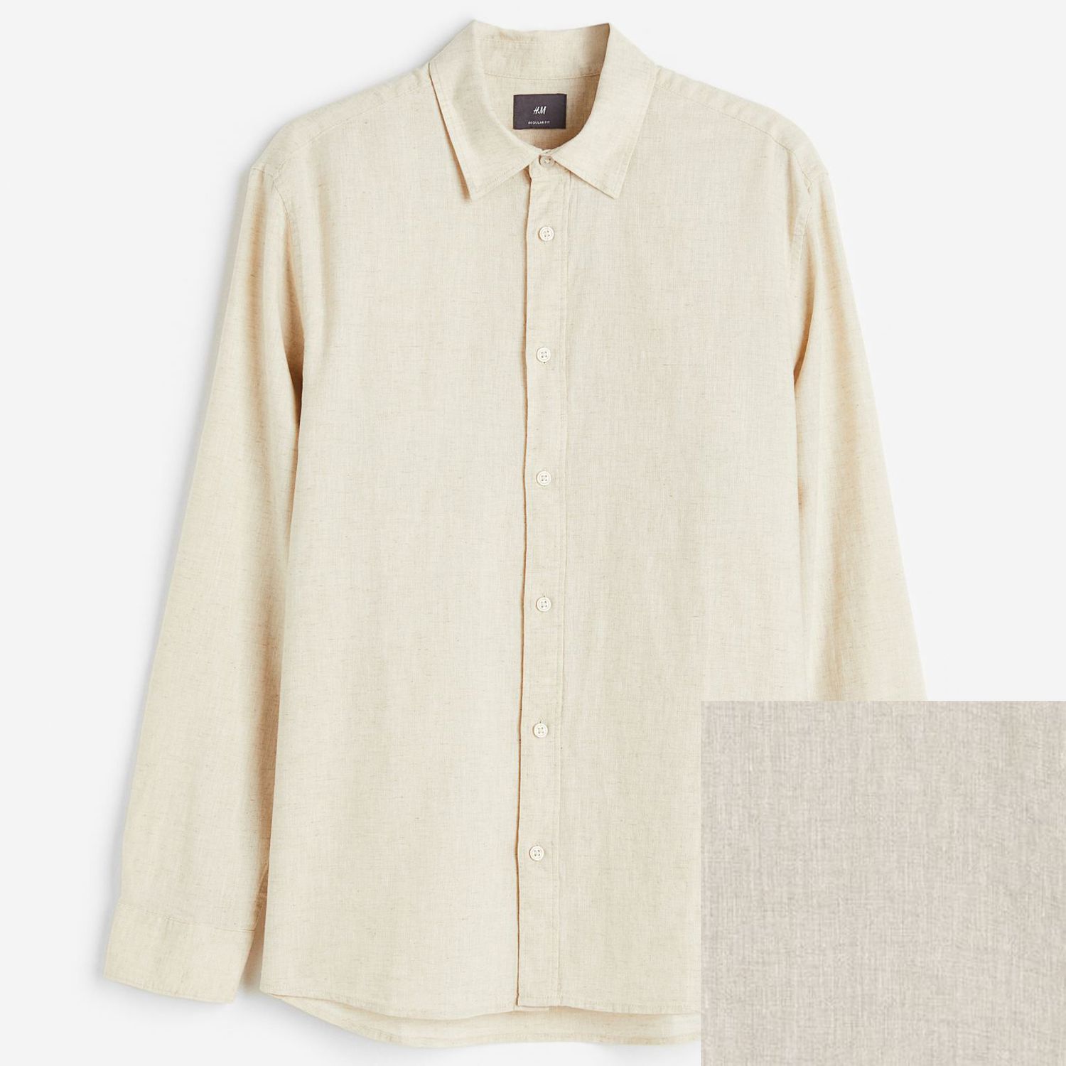 Beige long sleeve collared shirt displayed on white background.