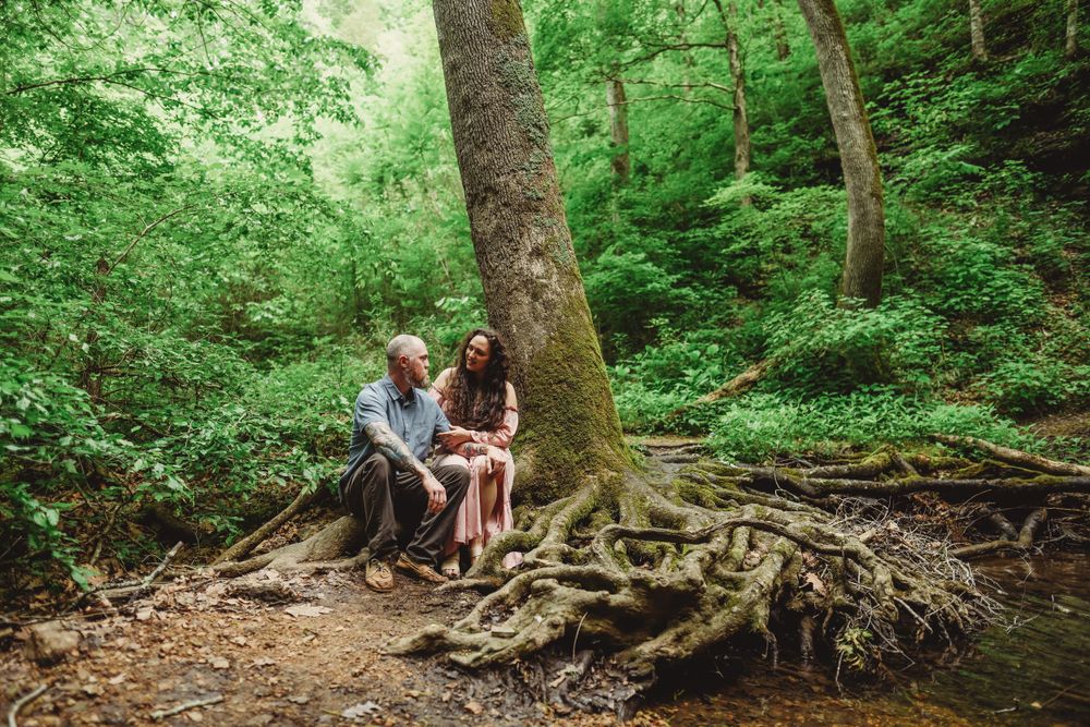 A couple sits together on exposed tree roots in a verdant forest setting.