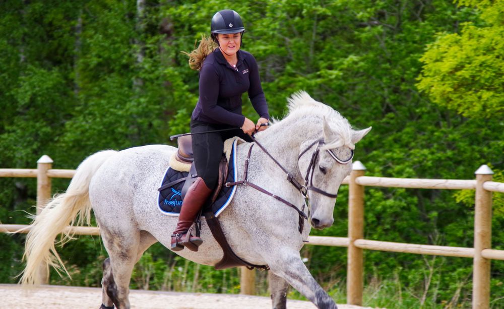 A rider on a white horse jumps over a railing in an outdoor arena.