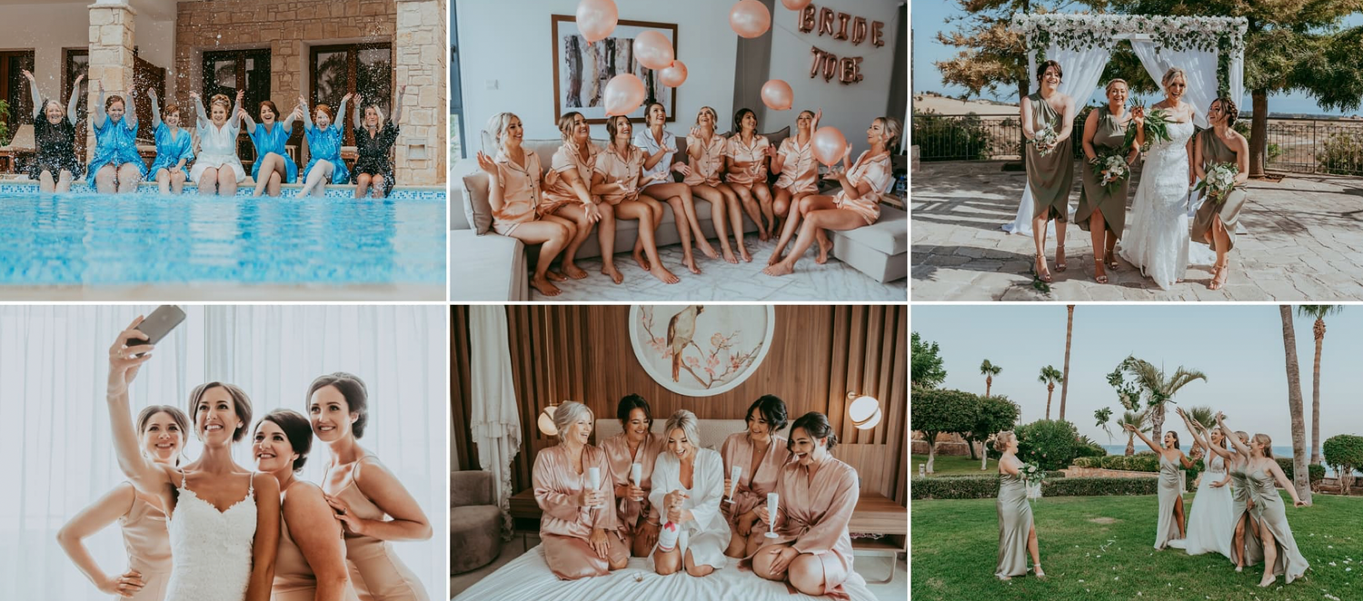 Collection of poolside photos showing group celebrations in blue and neutral tones.