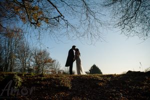 Silhouetted wedding couple stands together against sunset sky with bare tree branches overhead.