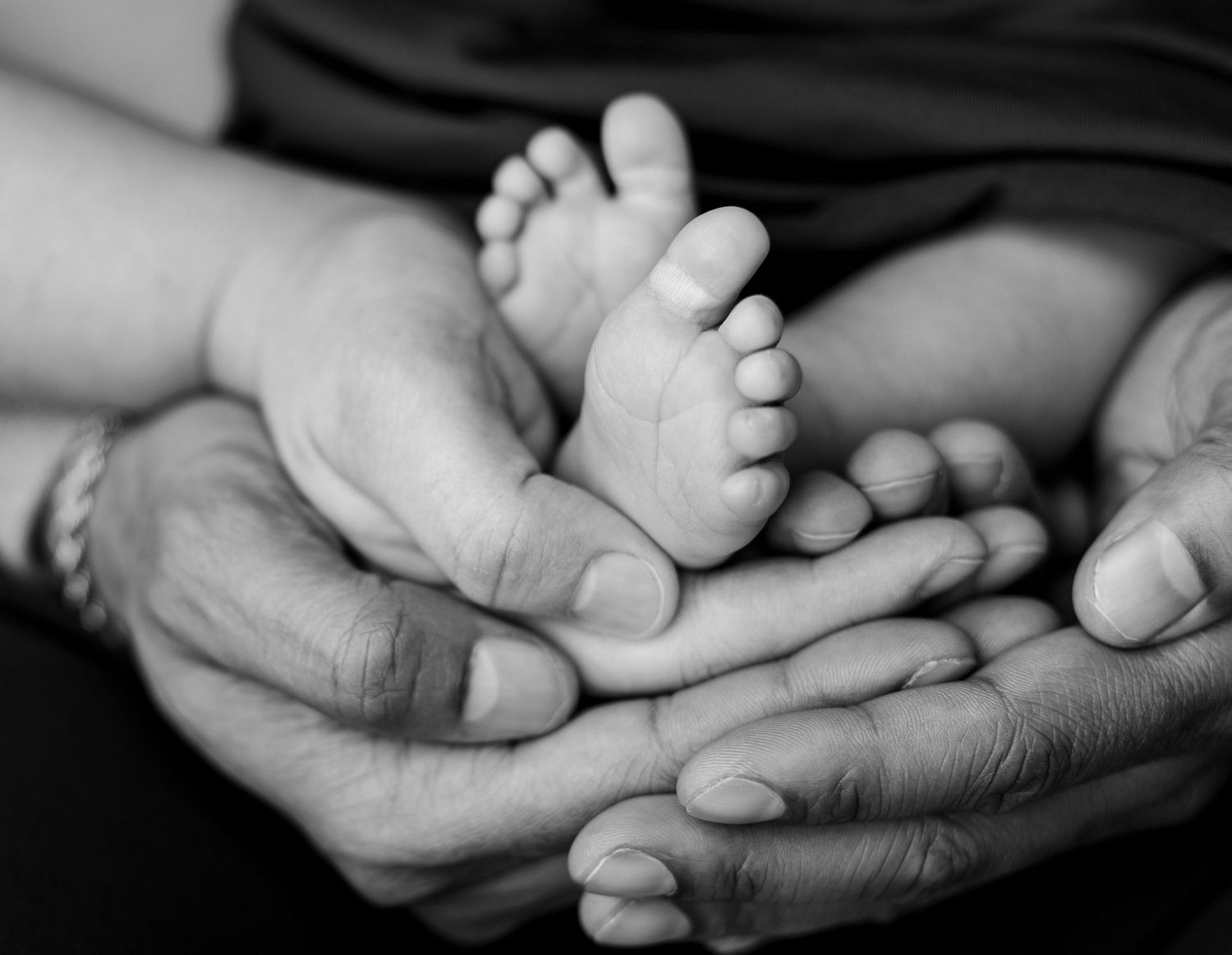Black and white close-up series of tiny baby feet being held in adult hands.