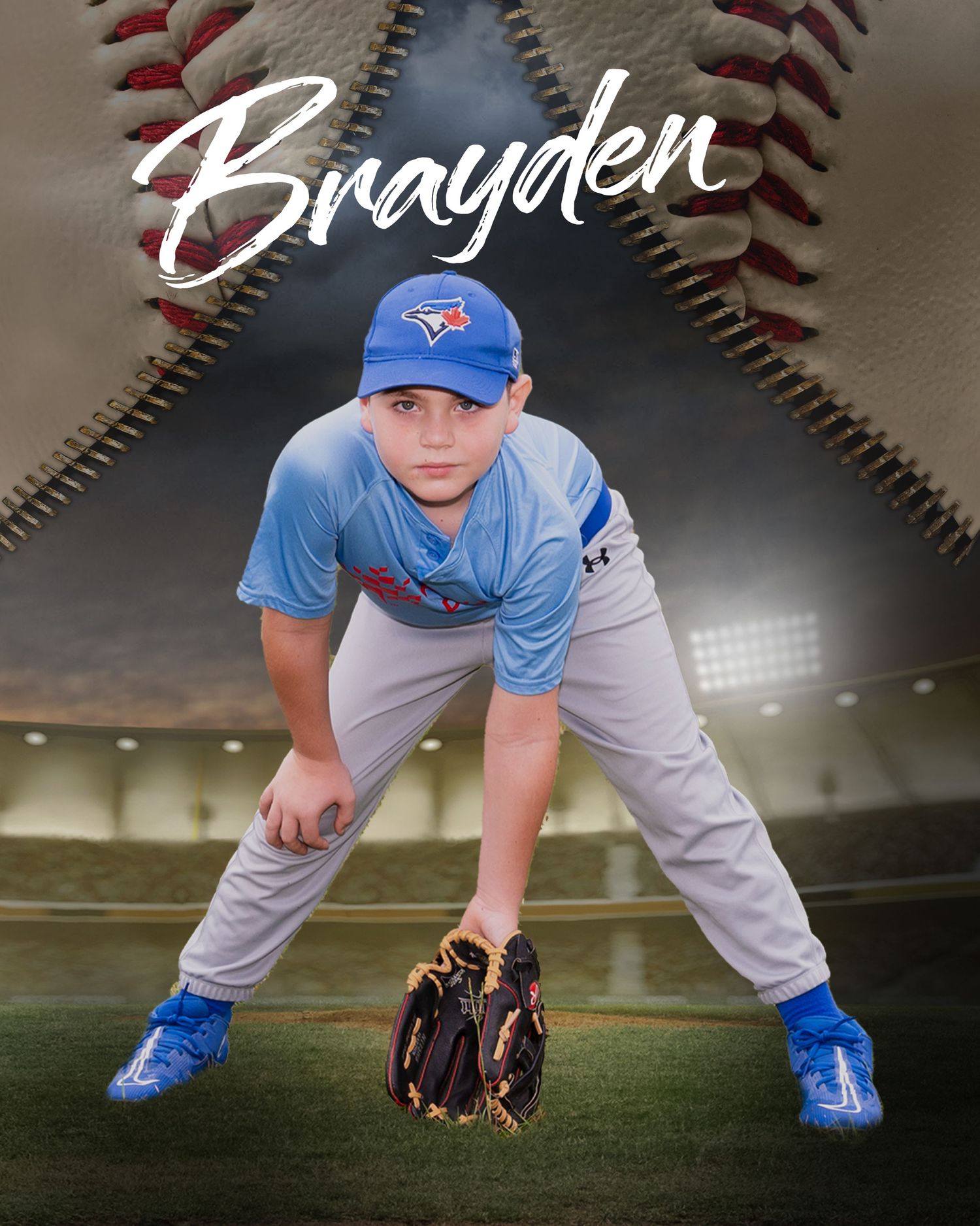 Baseball themed sports portrait of player in fielding position on dramatic stadium background.