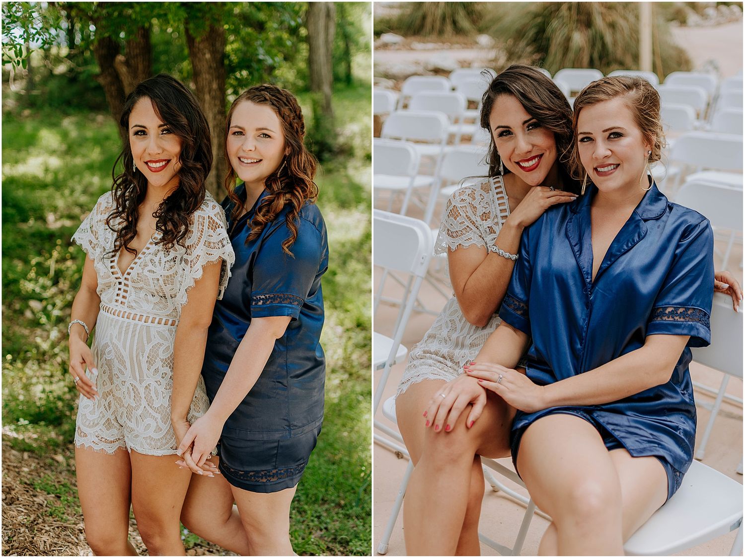 Portrait session in sunny garden setting showcasing coordinated wedding party attire.