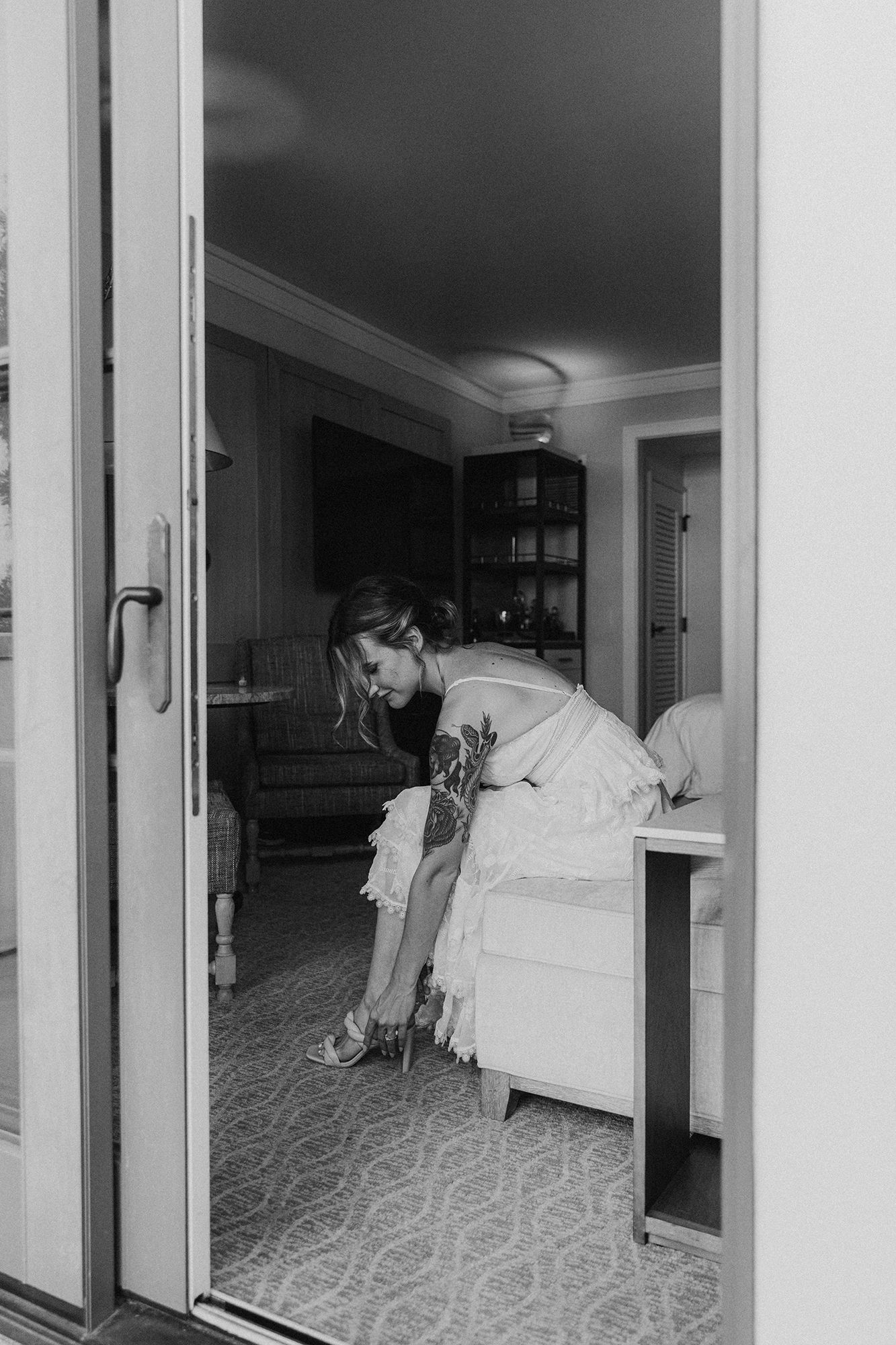 Terranea Resort bridal portrait getting ready, putting shoes on