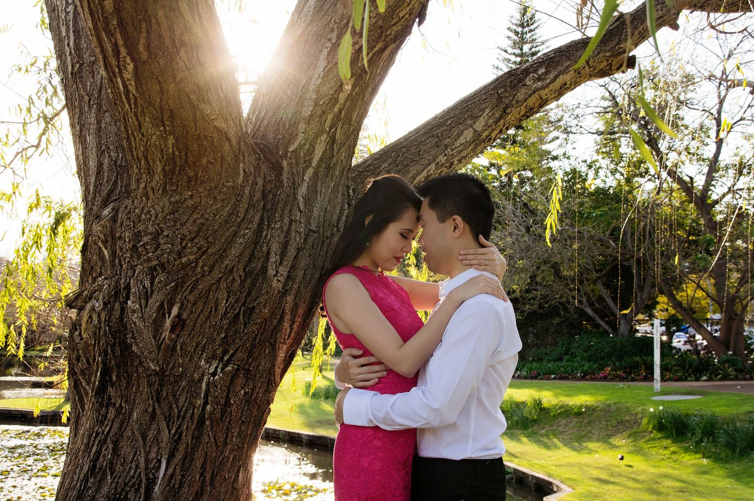 couple embracing close under tree