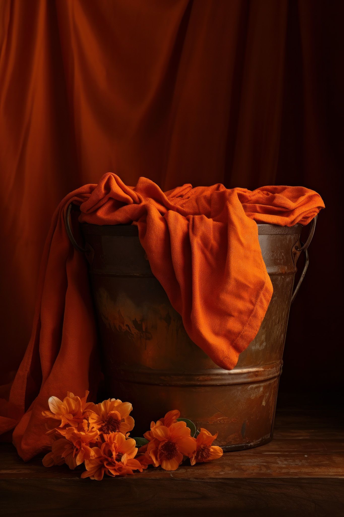 A rustic metal bucket with orange fabric and marigold flowers against a dark moody background with warm lighting.
