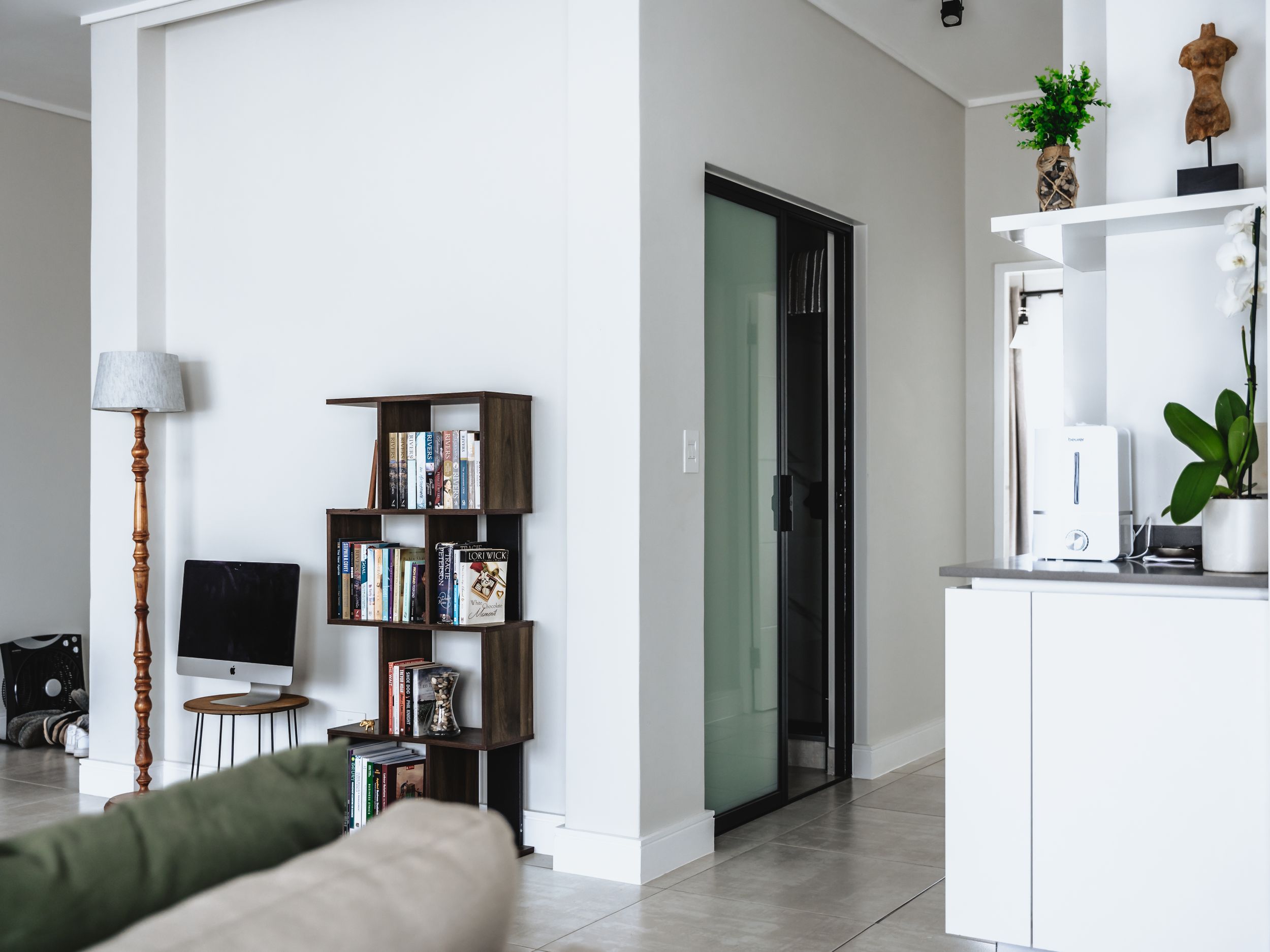 Modern home interior with bookshelf, white walls and indoor plants near doorway.