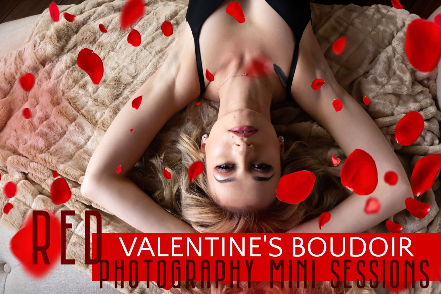 Hot blonde lying on fur while red rose petals cascade around her face for red valentines boudoir photo mini session