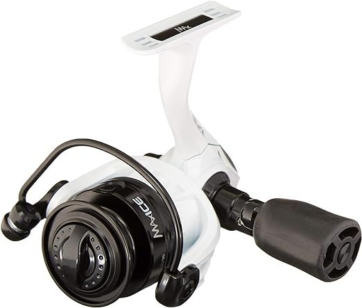 Side view of a white spinning reel with black accents and ergonomic handle design.