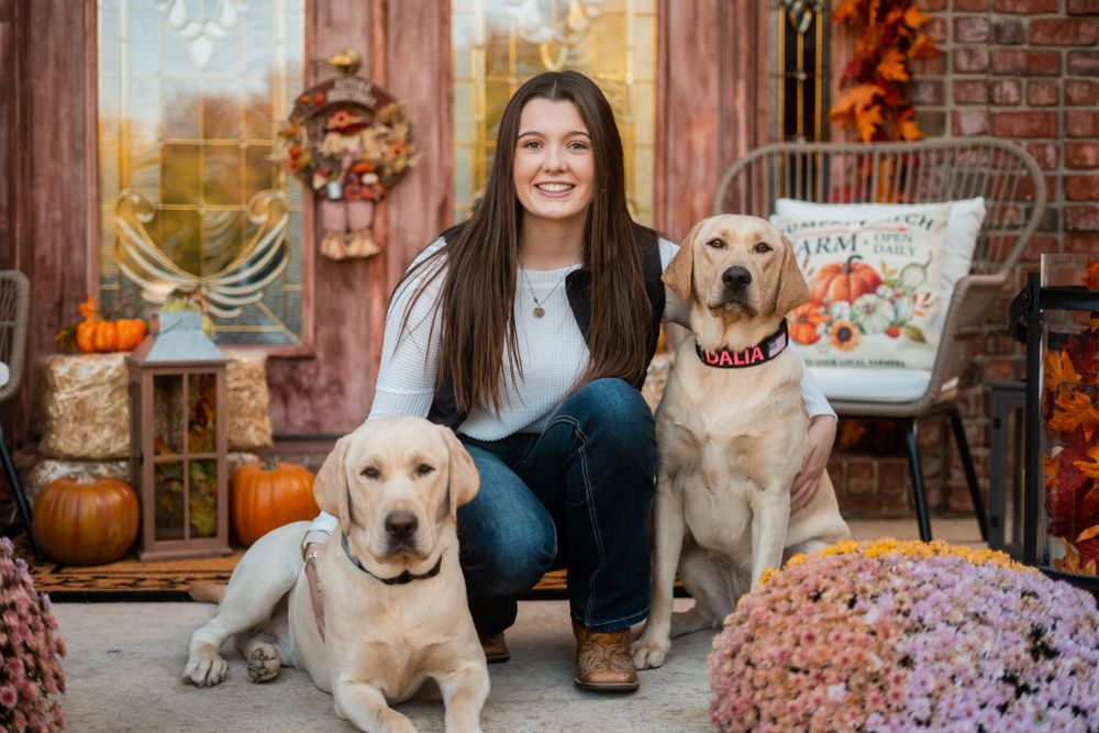 Woman poses with two yellow Labrador retrievers on autumn-decorated porch.