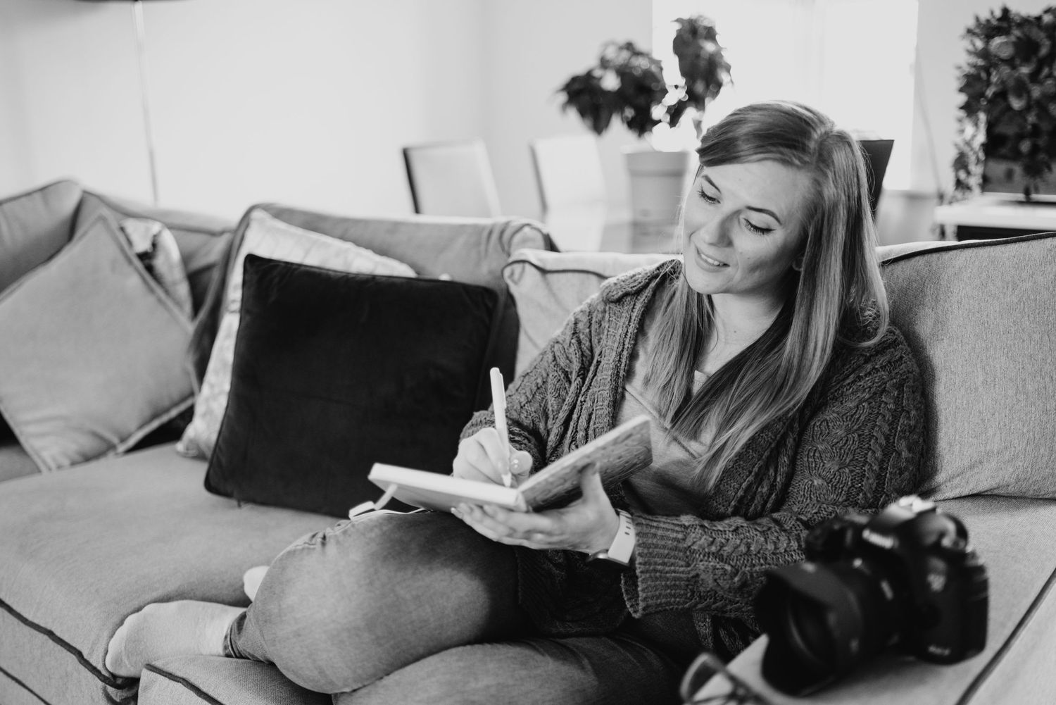 Lifestyle photos showing relaxed moments on couch with coffee and casual attire.