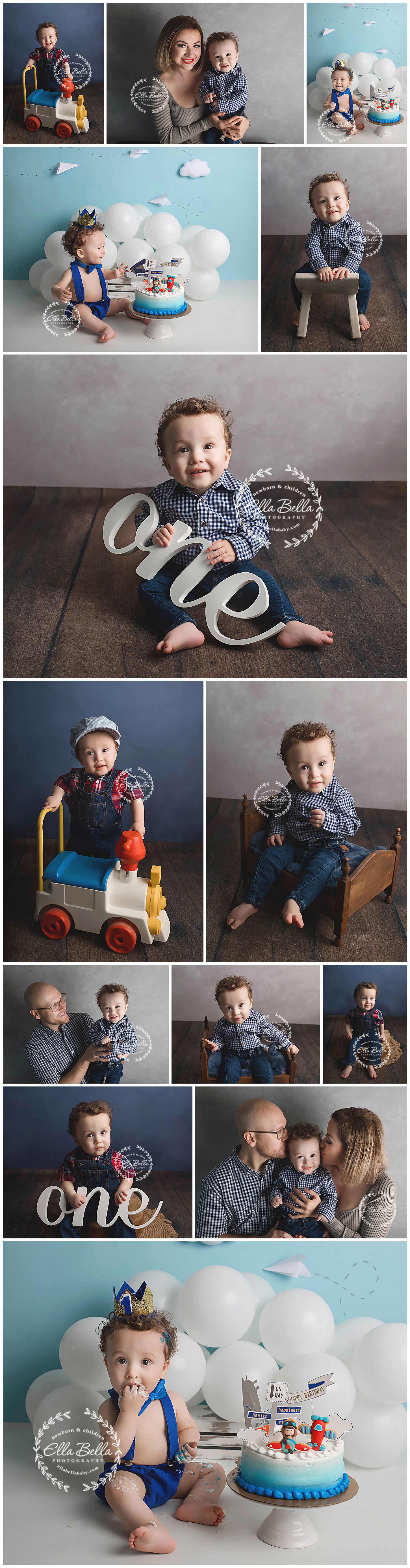 First birthday photo collection featuring nautical theme with toys, balloons and cake smash moments.