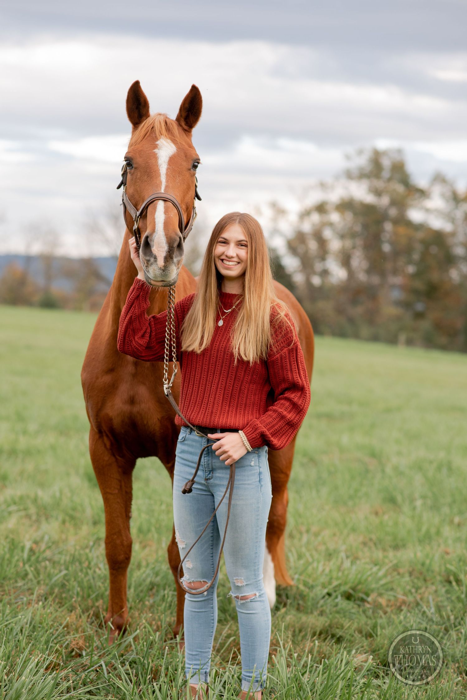 A beautiful chestnut horse stands in a green field with someone wearing a red sweater and ripped jeans on an autumn day.