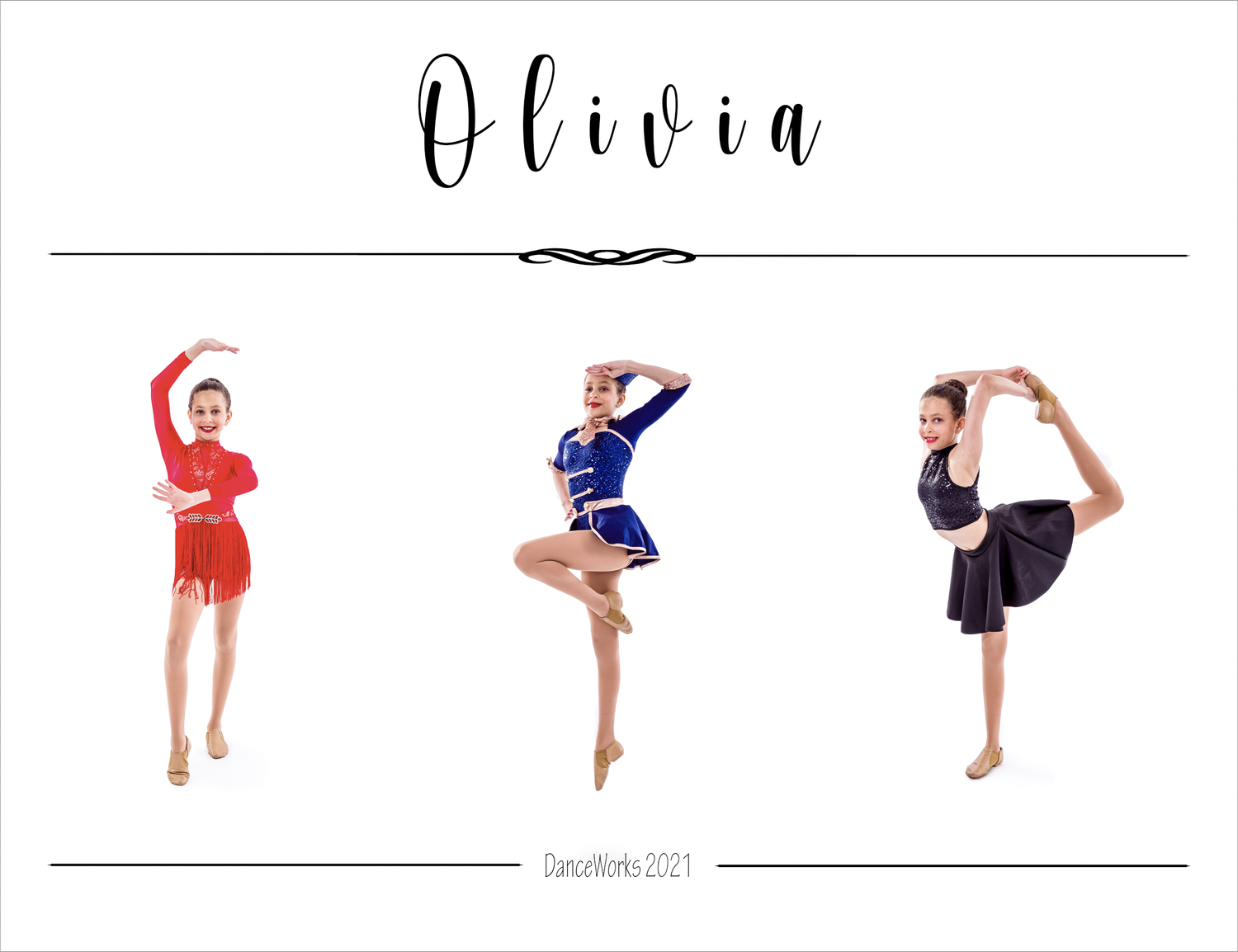 Dance progression showing three dynamic poses in different colored outfits by Stephanie Coulter Photography