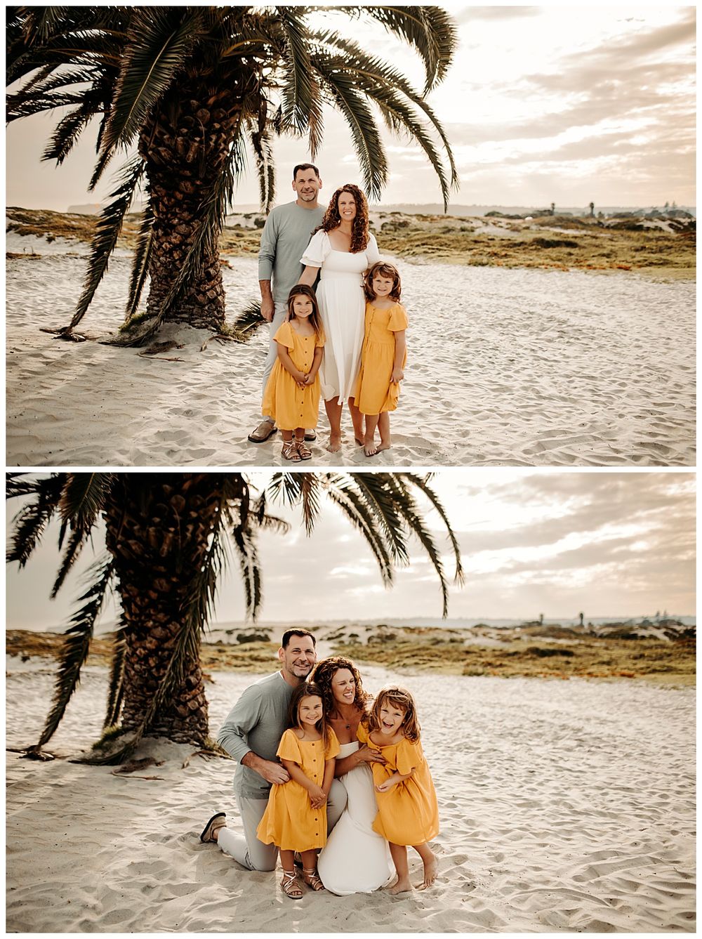 family gathers together near large palm tree during Coronado mini session