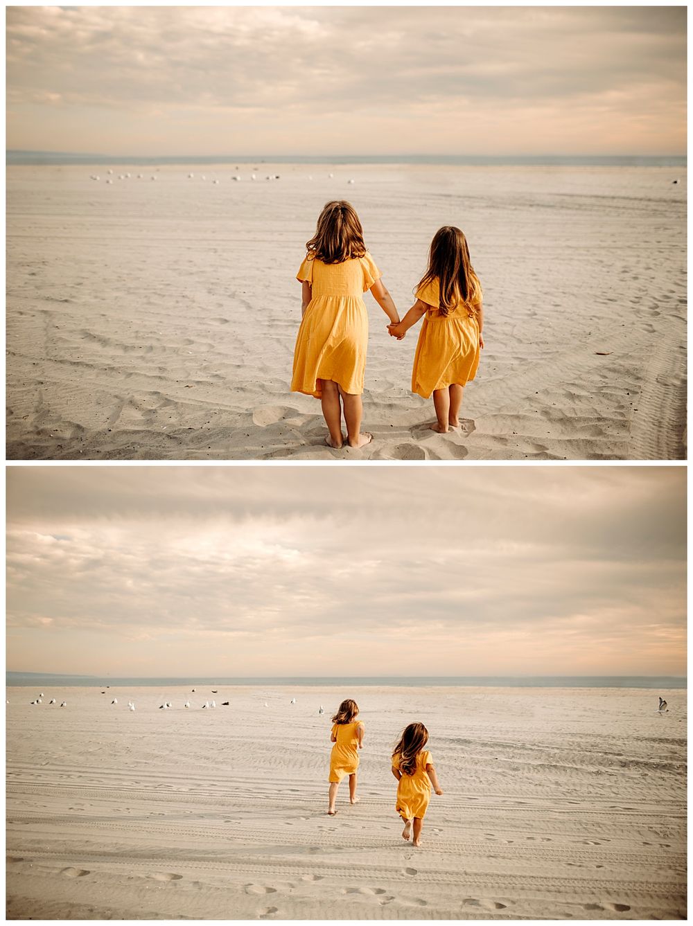 sisters hold hands as they walk in the waves by San Diego photographer