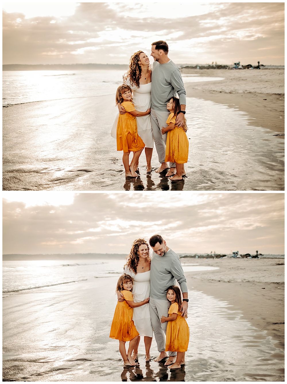 parents look at each other as daughters hug their legs by Danielle Miranda Photography
