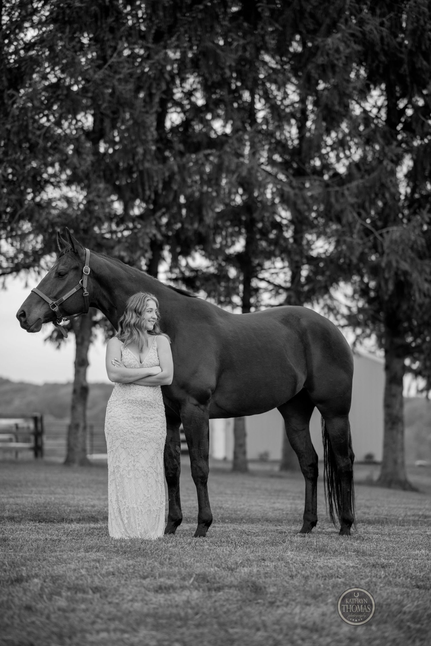 A striking black and white portrait of someone in a formal dress standing beside a horse in a pastoral setting.