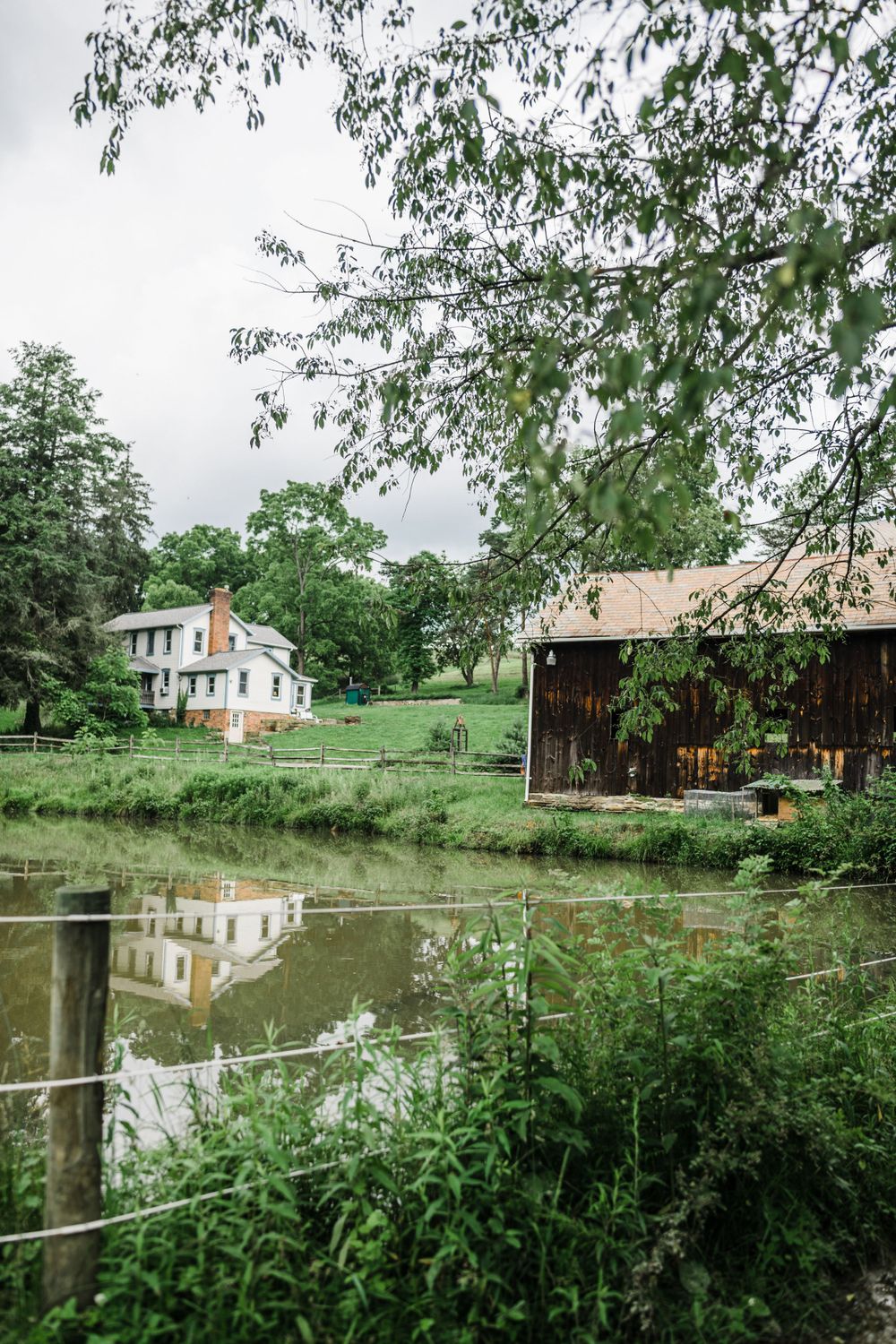 Farmhouse and barn reflected in a peaceful pond surrounded by lush greenery.