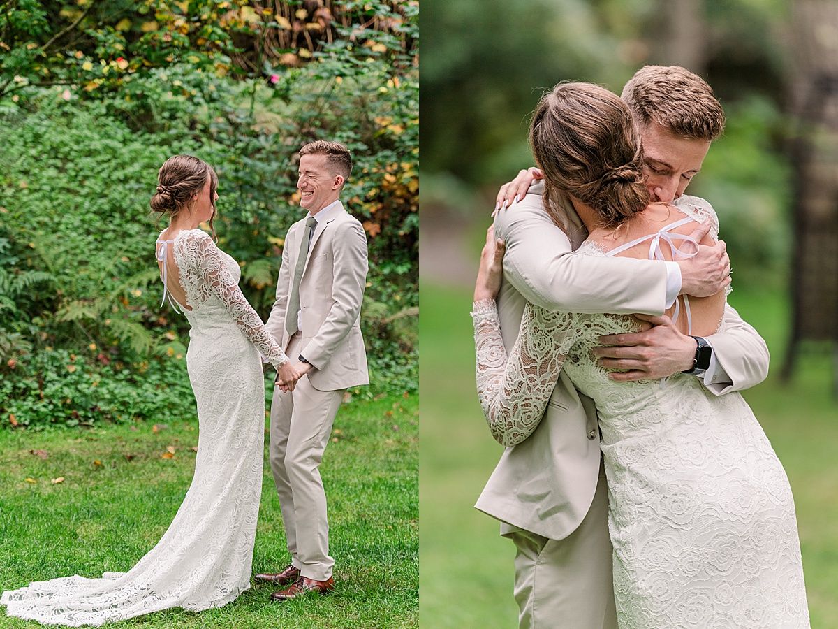 Bride and groom enjoy time together during first look on wedding day