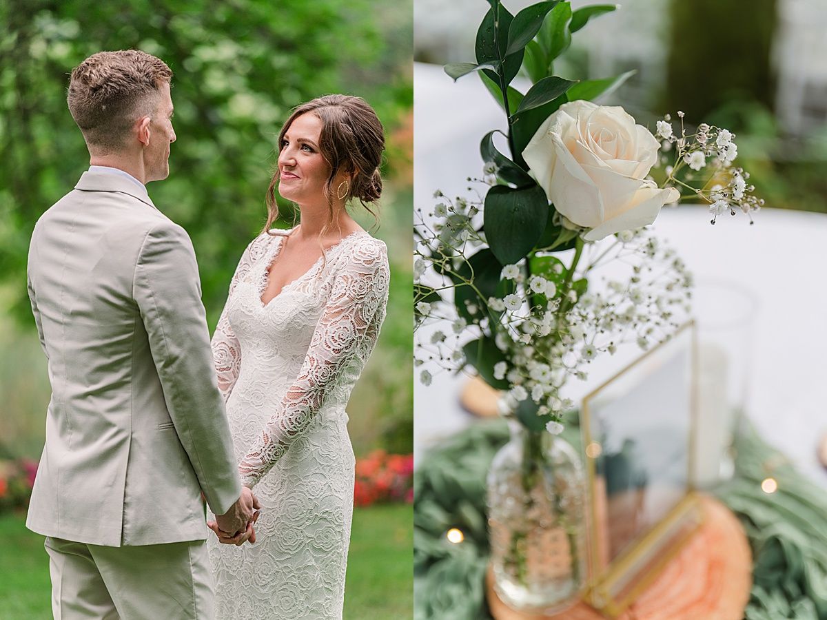 Bride looks lovingly at her soon to be husband during first look