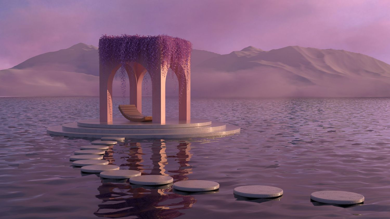 serene scene of stepping stones over water to a platform with a purple flower-covered structure, hills in the distance