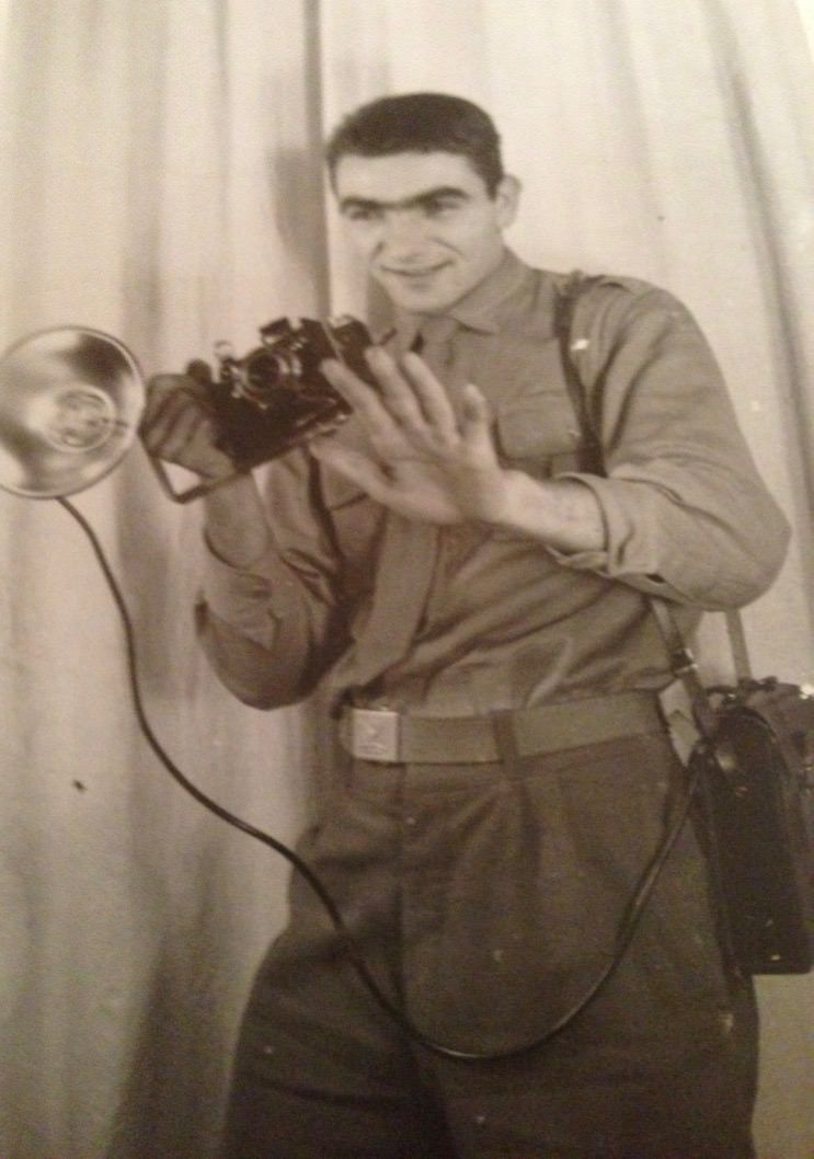 Vintage black and white portrait series showing someone posing with a camera.