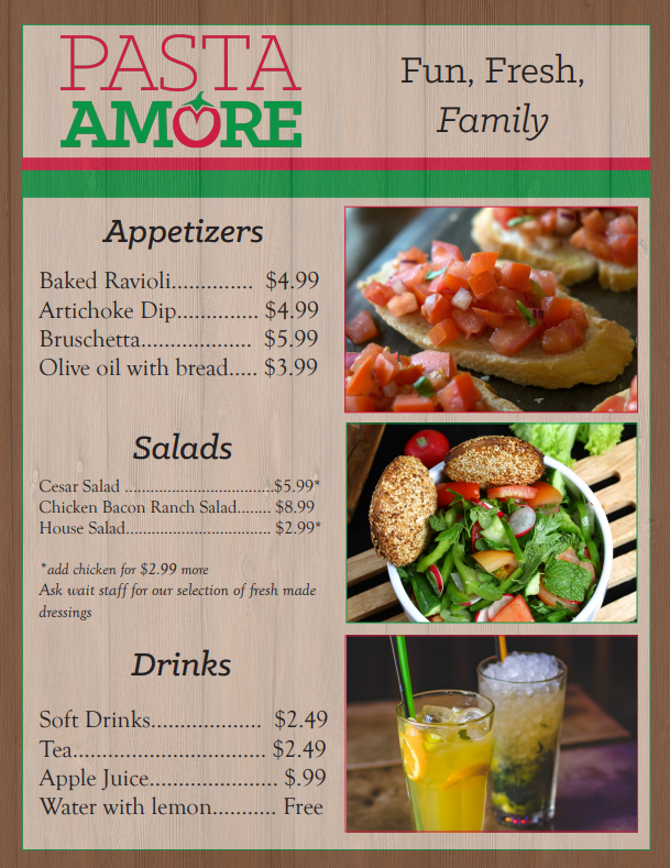 This is the front of a menu that I created for my graphics design course. The company is a  mock company.