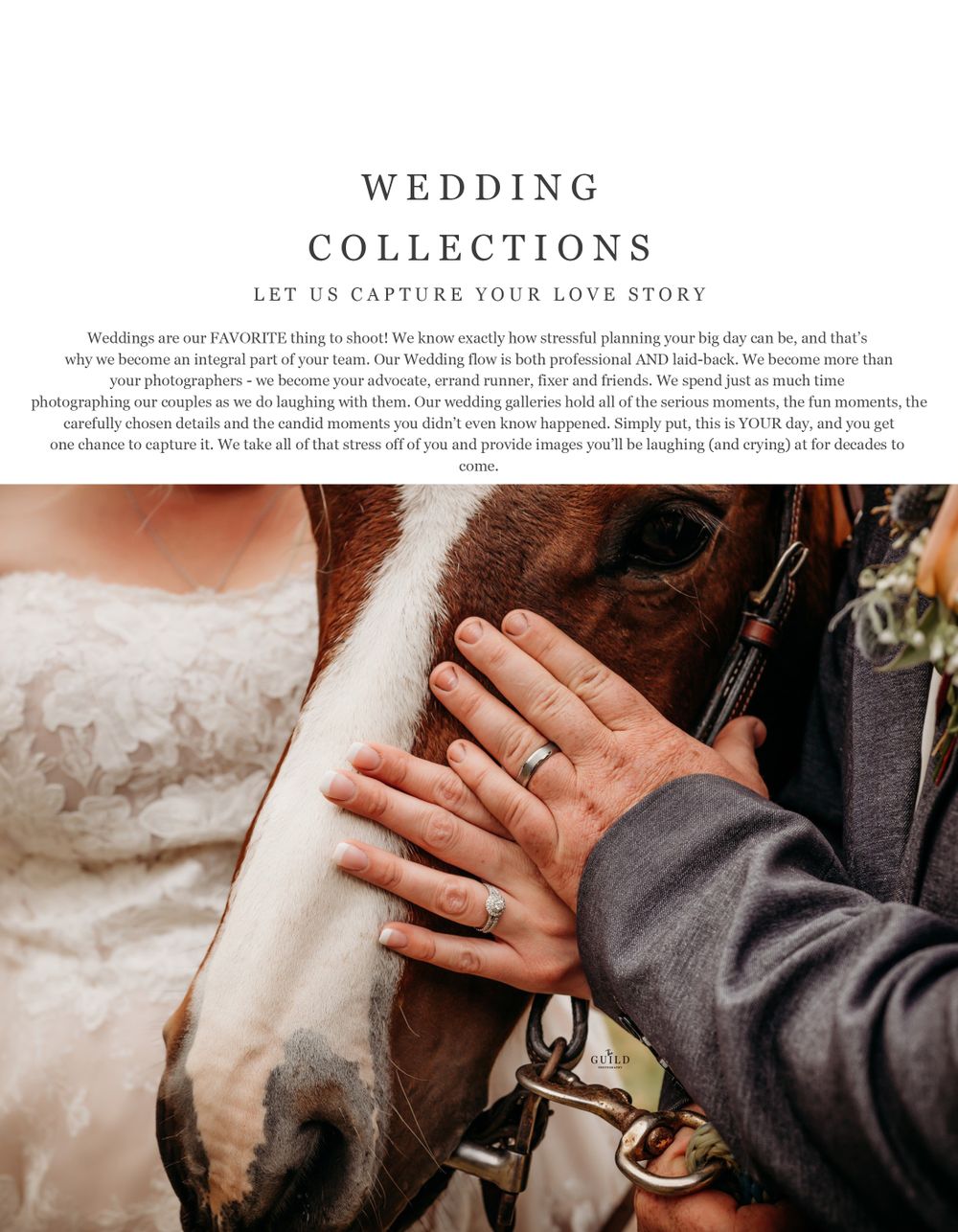 Wedding collections promotional page featuring a bride and groom posing with a horse at their wedding.